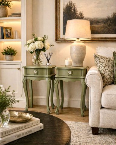 Classic living room with matching sage green bedside-style tables beside a cream sofa, decorated with flowers, candles, and soft lighting