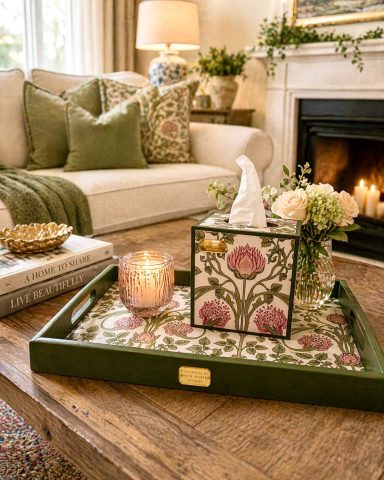 Elegant living room with a floral patterned tray and matching tissue box on a rustic wooden coffee table, styled with a candle and flowers