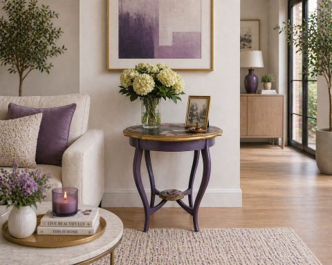 Sophisticated hallway corner featuring a purple accent side table with floral detailing, topped with white hydrangeas and framed artwork